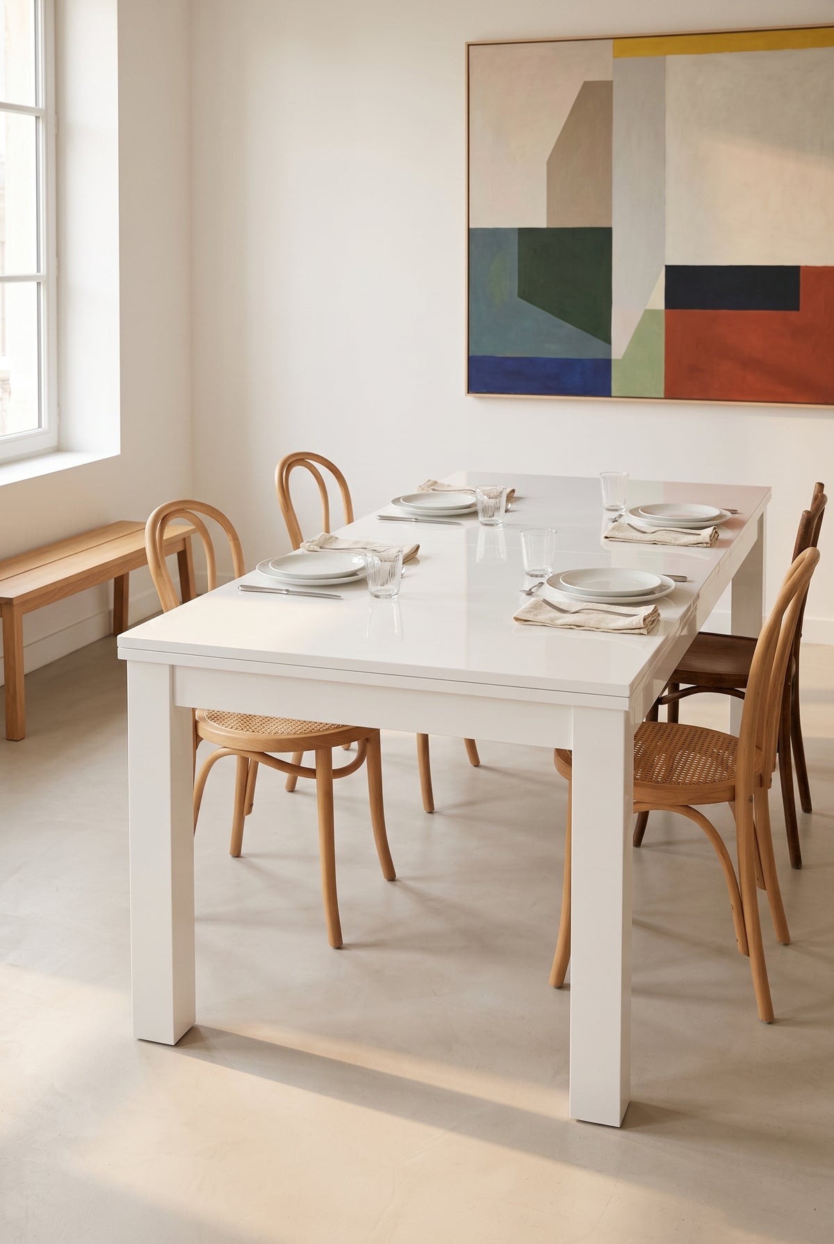 Table à manger extensible blanc brillant 120 à 160 cm, 4 à 6 personnes, en situation