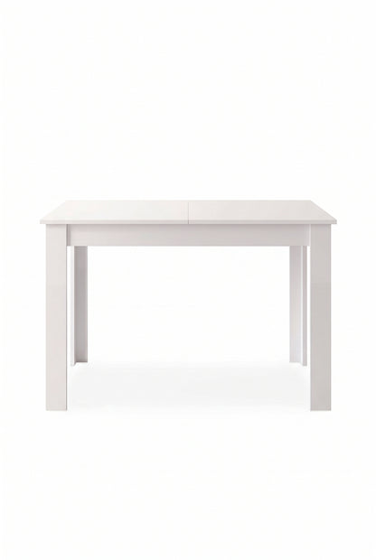 Table à manger extensible blanc brillant 120 à 160 cm, 4 à 6 personnes, sur fond blanc