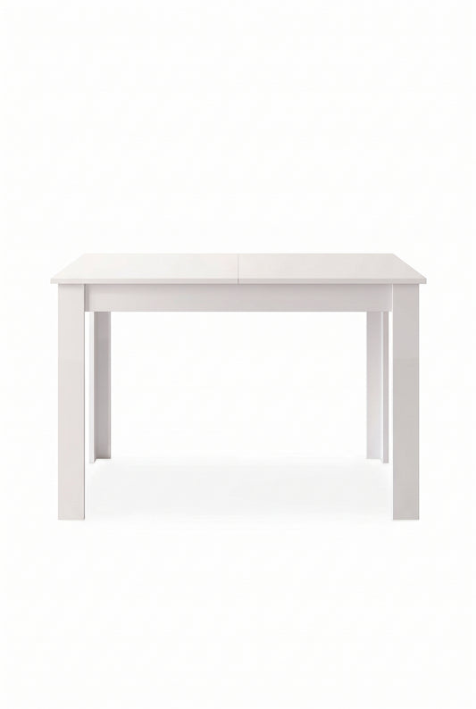 Table à manger extensible blanc brillant 120 à 160 cm, 4 à 6 personnes, sur fond blanc