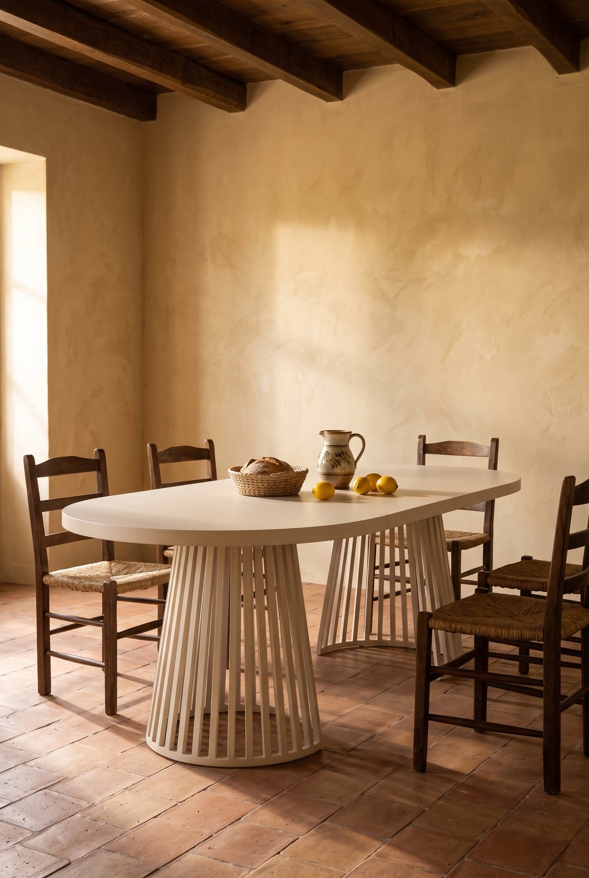 Table ronde extensible 3 positions, 100 à 176 cm, plateau 3 cm, en situation