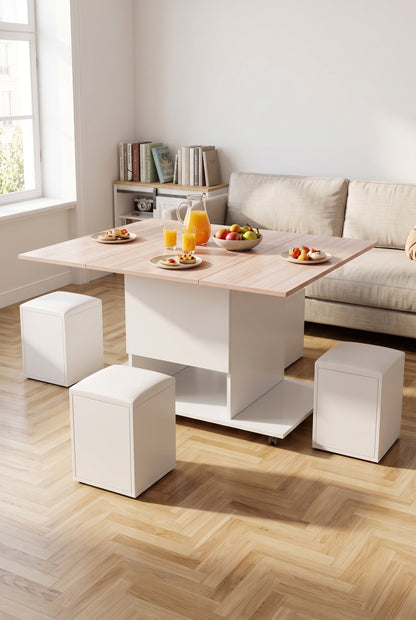 Table basse relevable 3 en 1 avec 4 tabourets intégrés et roulettes, en situation