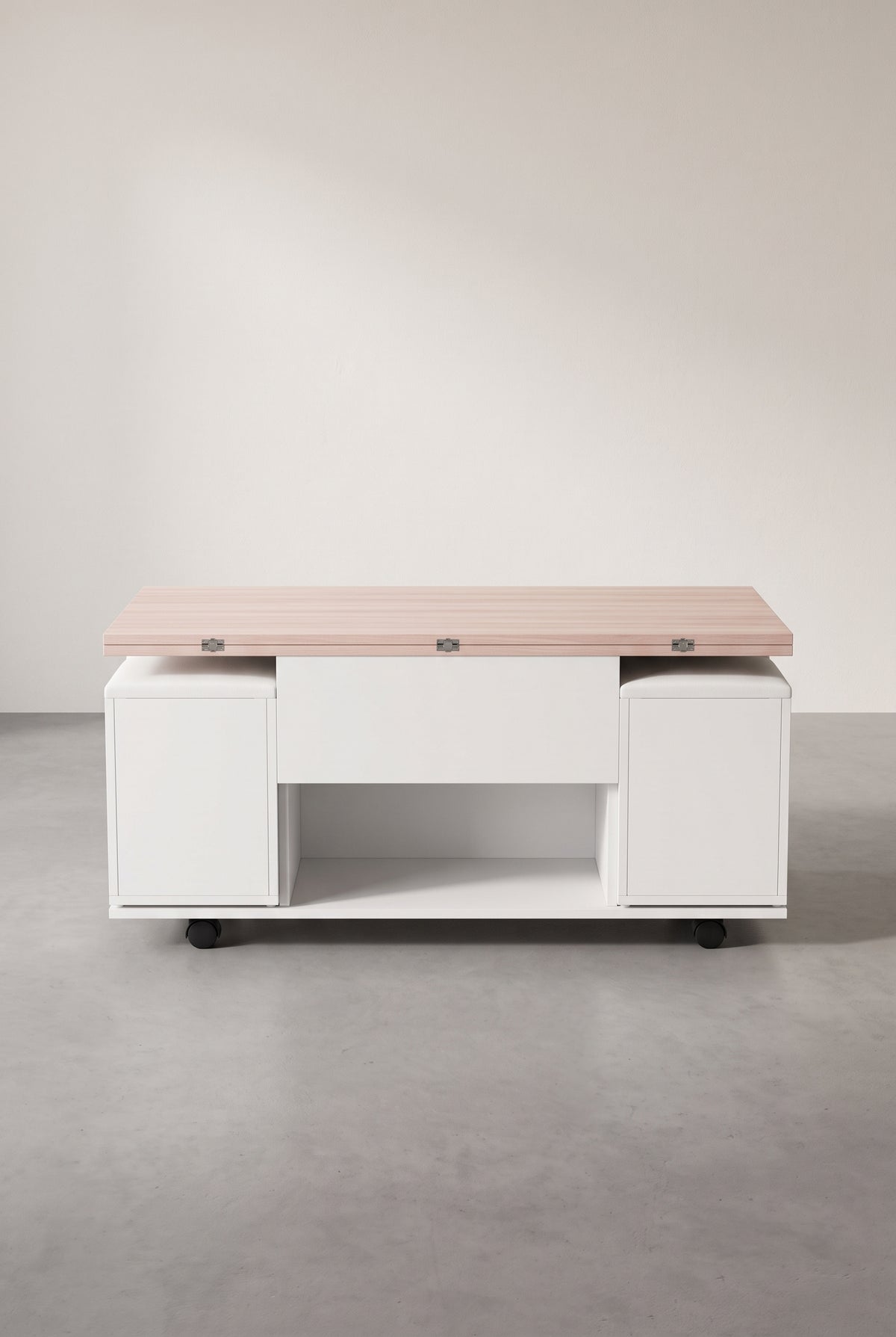 Table basse relevable 3 en 1 avec 4 tabourets intégrés et roulettes, vue d'ensemble