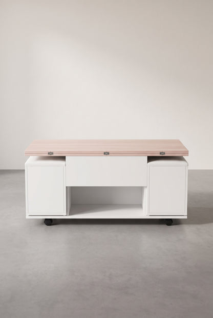 Table basse relevable 3 en 1 avec 4 tabourets intégrés et roulettes, vue d'ensemble