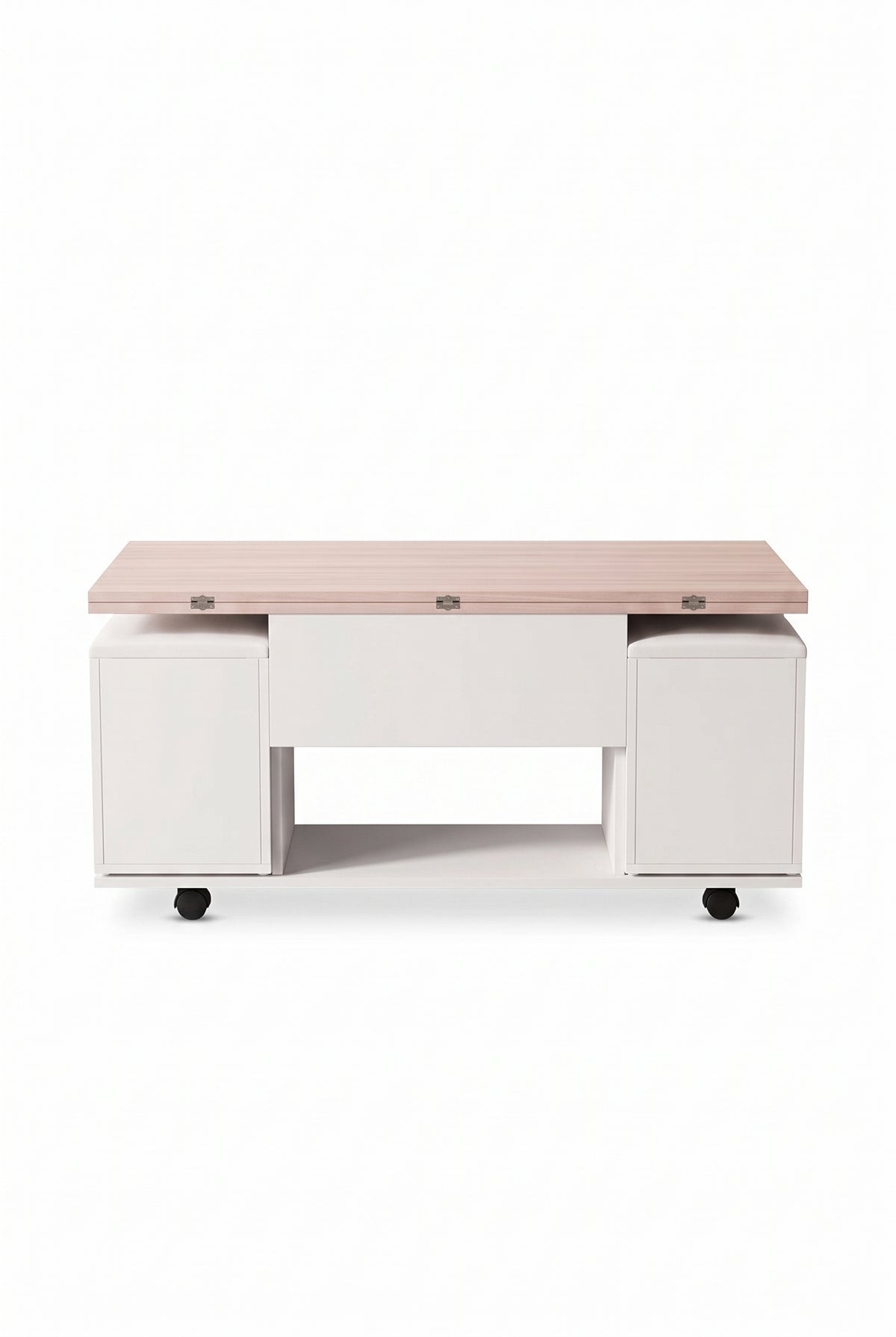 Table basse relevable 3 en 1 avec 4 tabourets intégrés et roulettes, sur fond blanc