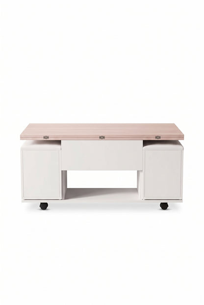 Table basse relevable 3 en 1 avec 4 tabourets intégrés et roulettes, sur fond blanc