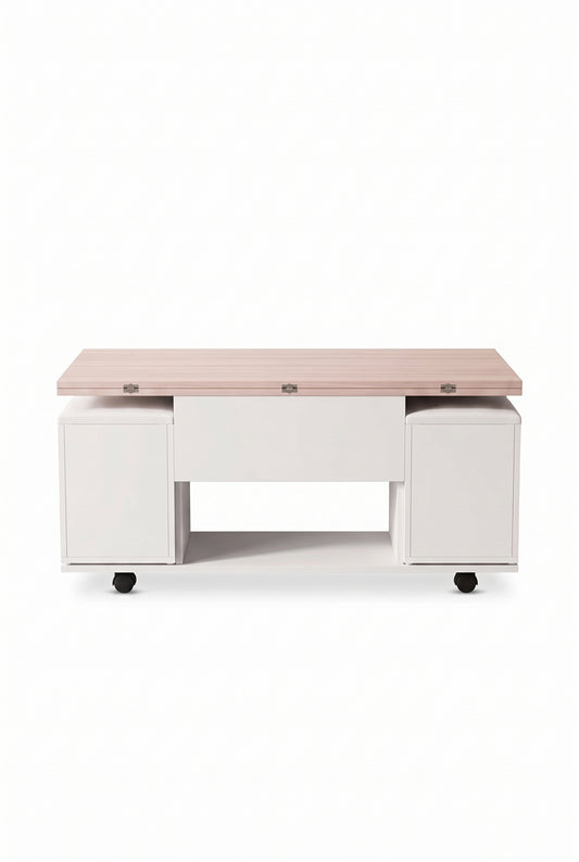 Table basse relevable 3 en 1 avec 4 tabourets intégrés et roulettes, sur fond blanc