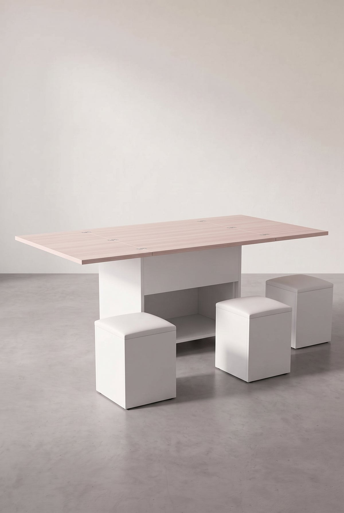 Table basse relevable 3 en 1 avec 4 tabourets intégrés et roulettes, dépliée
