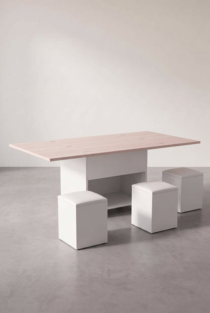 Table basse relevable 3 en 1 avec 4 tabourets intégrés et roulettes, dépliée