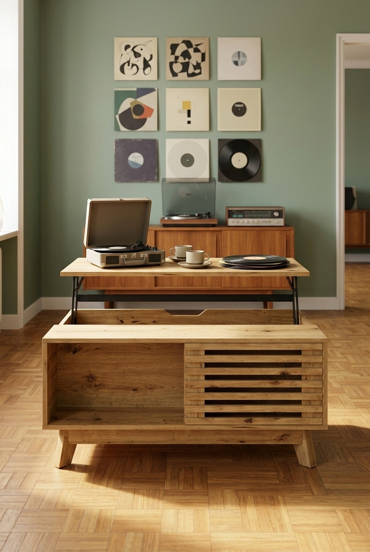 Table basse rétro à plateau relevable, porte à volet coulissant, en situation