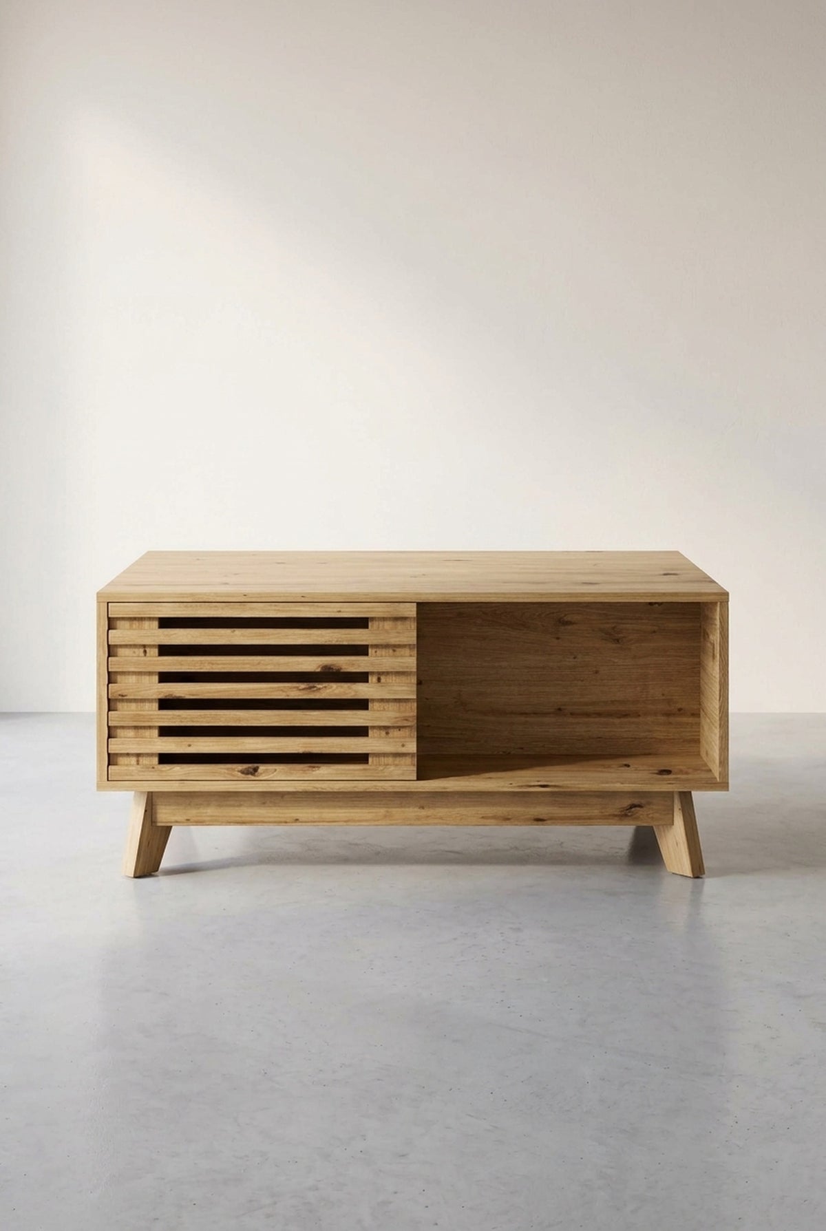 Table basse rétro à plateau relevable, porte à volet coulissant, vue d'ensemble