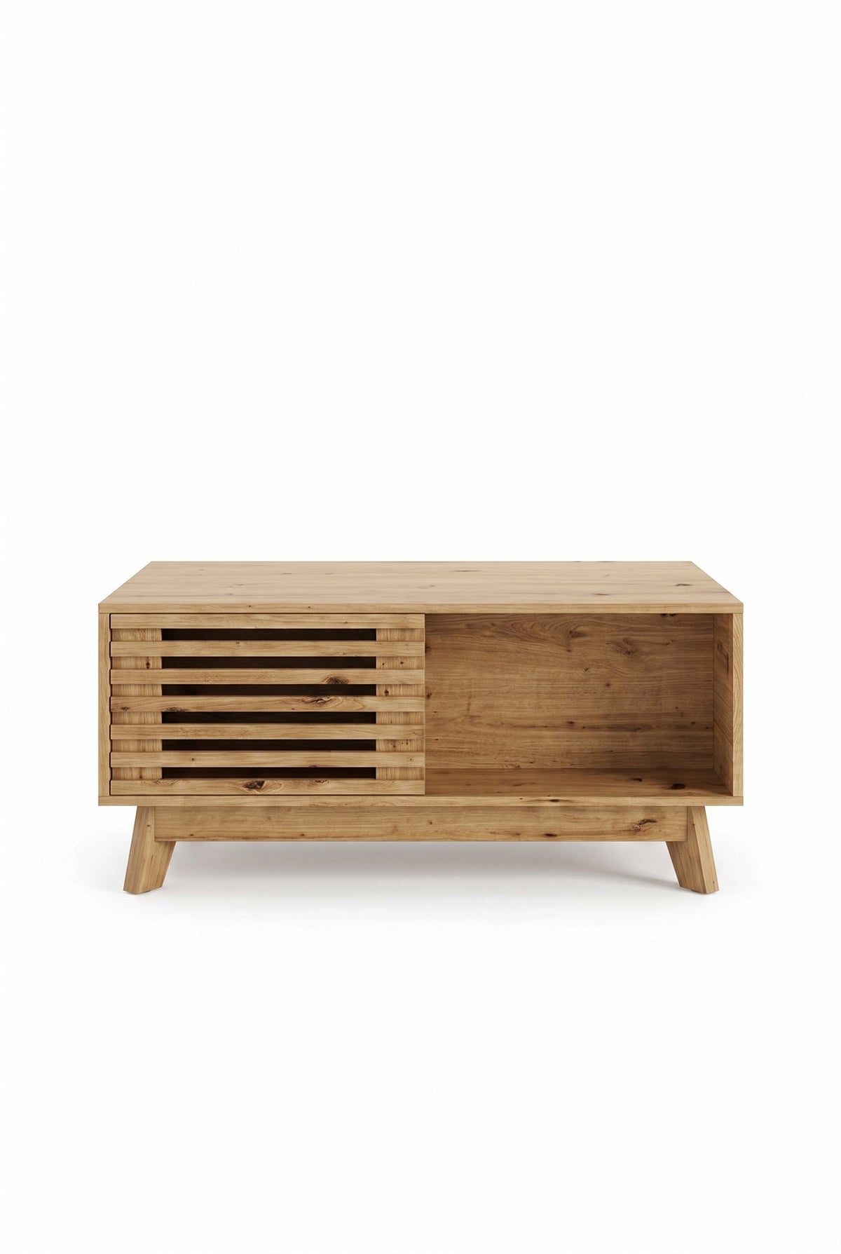 Table basse rétro à plateau relevable, porte à volet coulissant, sur fond blanc