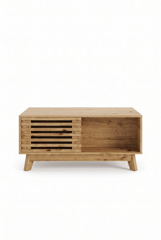 Table basse rétro à plateau relevable, porte à volet coulissant, sur fond blanc