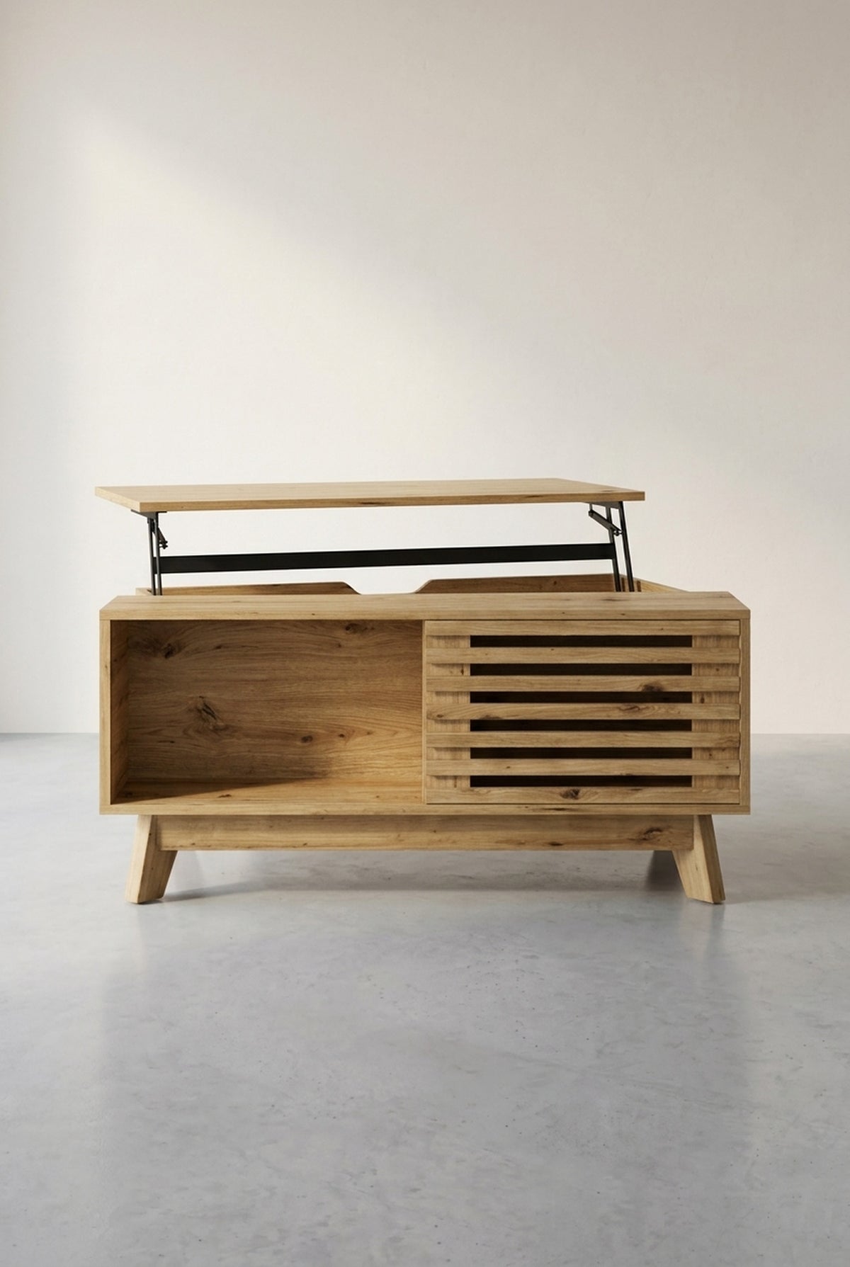 Table basse rétro à plateau relevable, porte à volet coulissant, dépliée