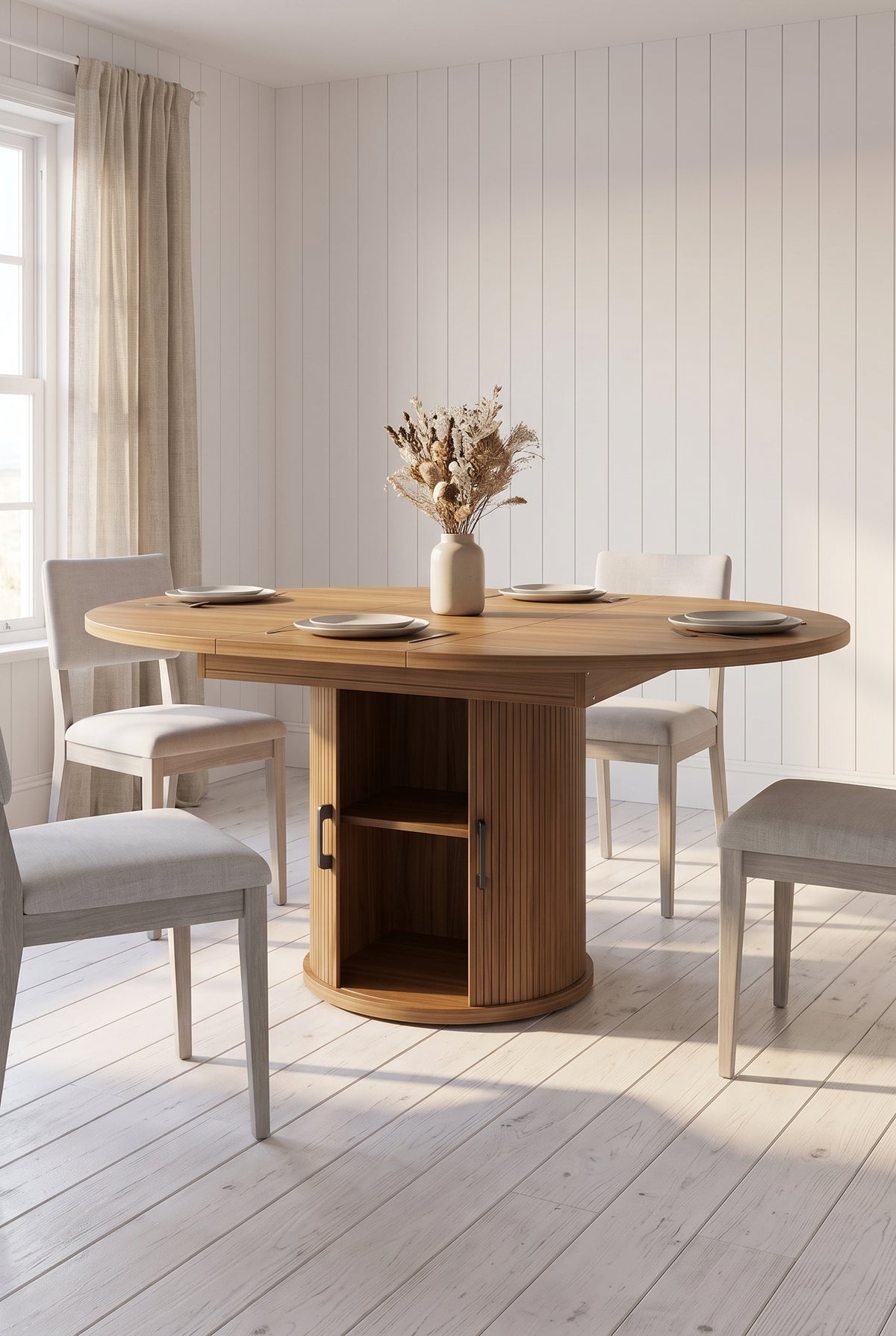 Table ronde extensible en ovale, noyer clair, 118 à 158 cm, 6 personnes, en situation