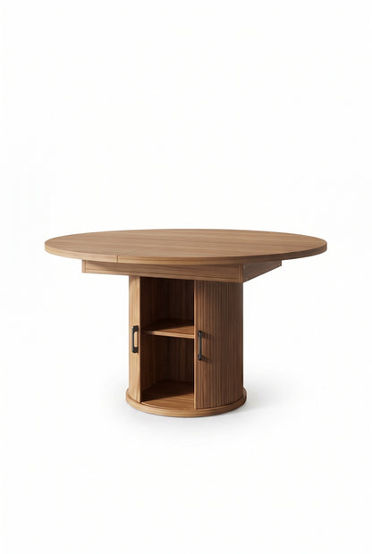 Table ronde extensible en ovale, noyer clair, 118 à 158 cm, 6 personnes, sur fond blanc