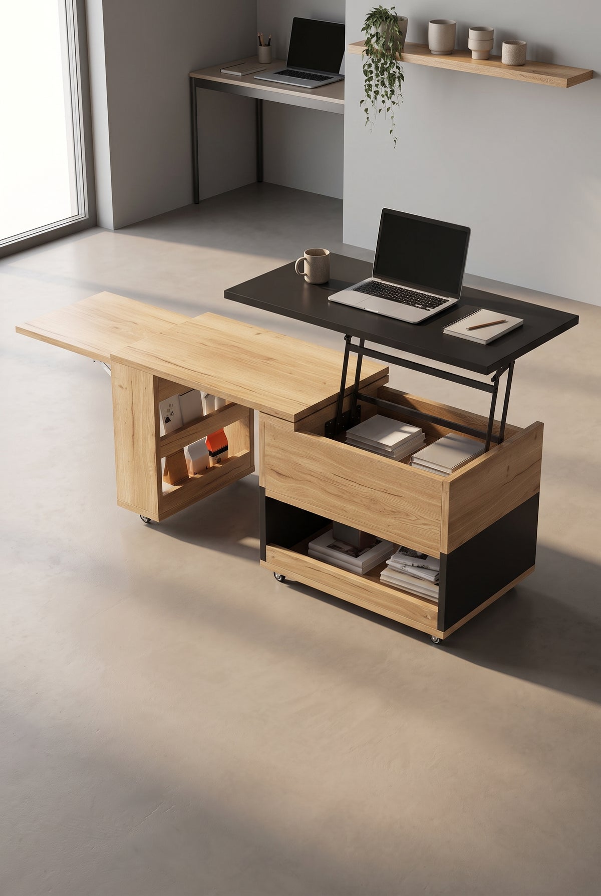 Table basse relevable et extensible sur roulettes, plateau pivotant 360°, en situation