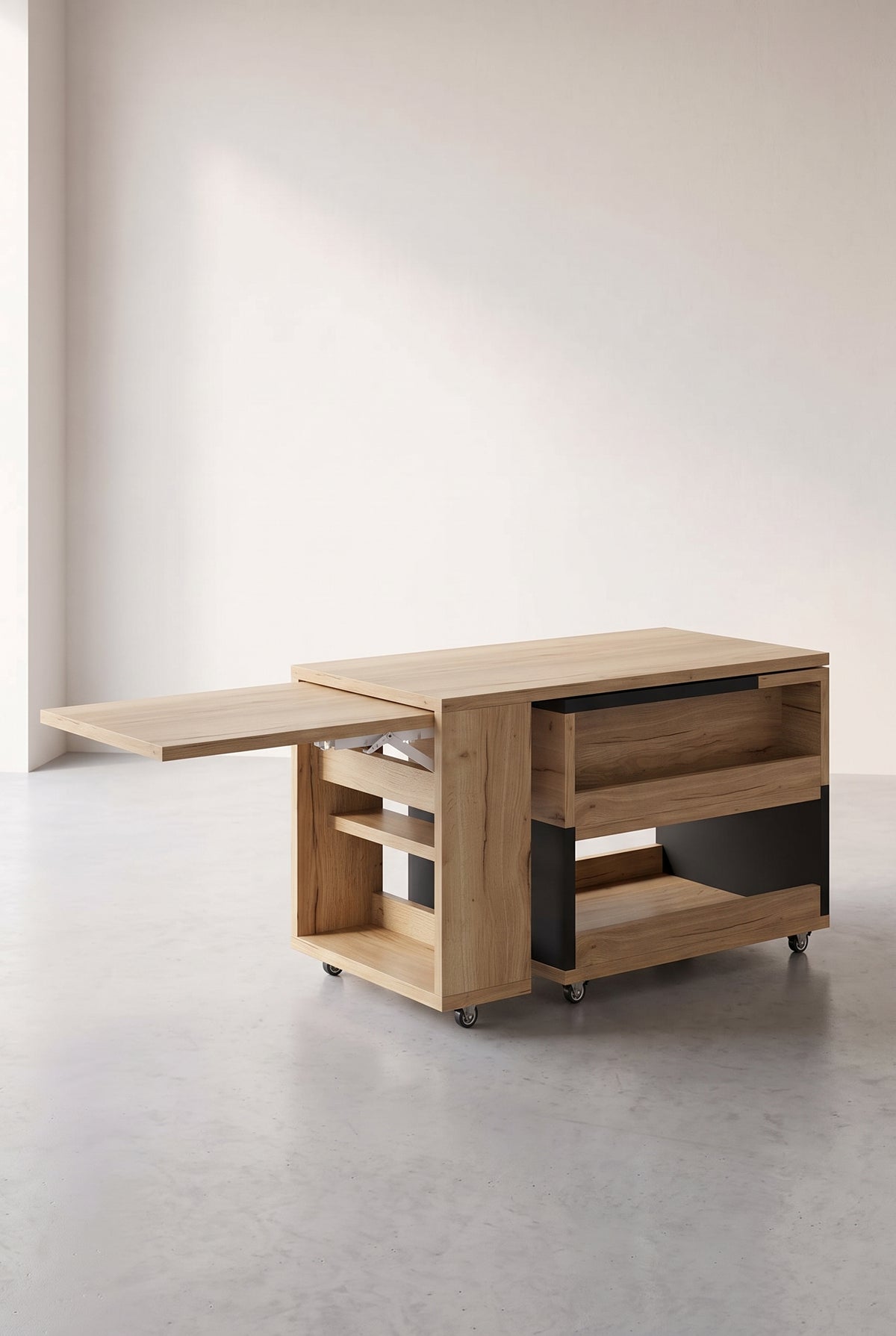 Table basse relevable et extensible sur roulettes, plateau pivotant 360°, fermée