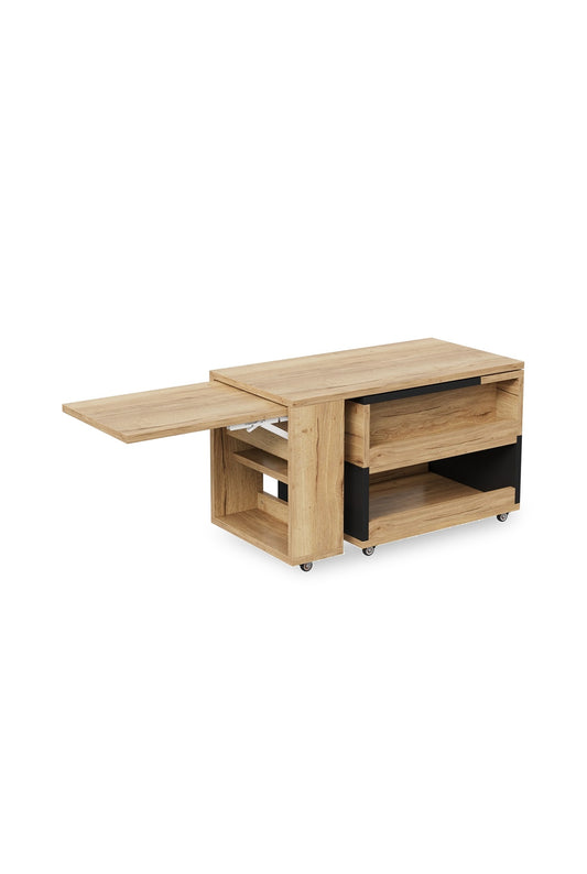 Table basse relevable et extensible sur roulettes, plateau pivotant 360°, sur fond blanc