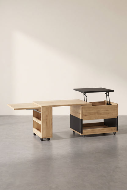 Table basse relevable et extensible sur roulettes, plateau pivotant 360°, dépliée