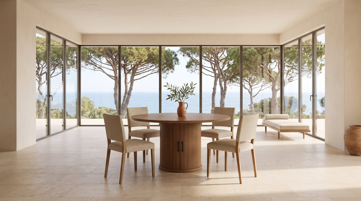 Séjour lumineux face à la mer avec une table ronde extensible finition noyer
