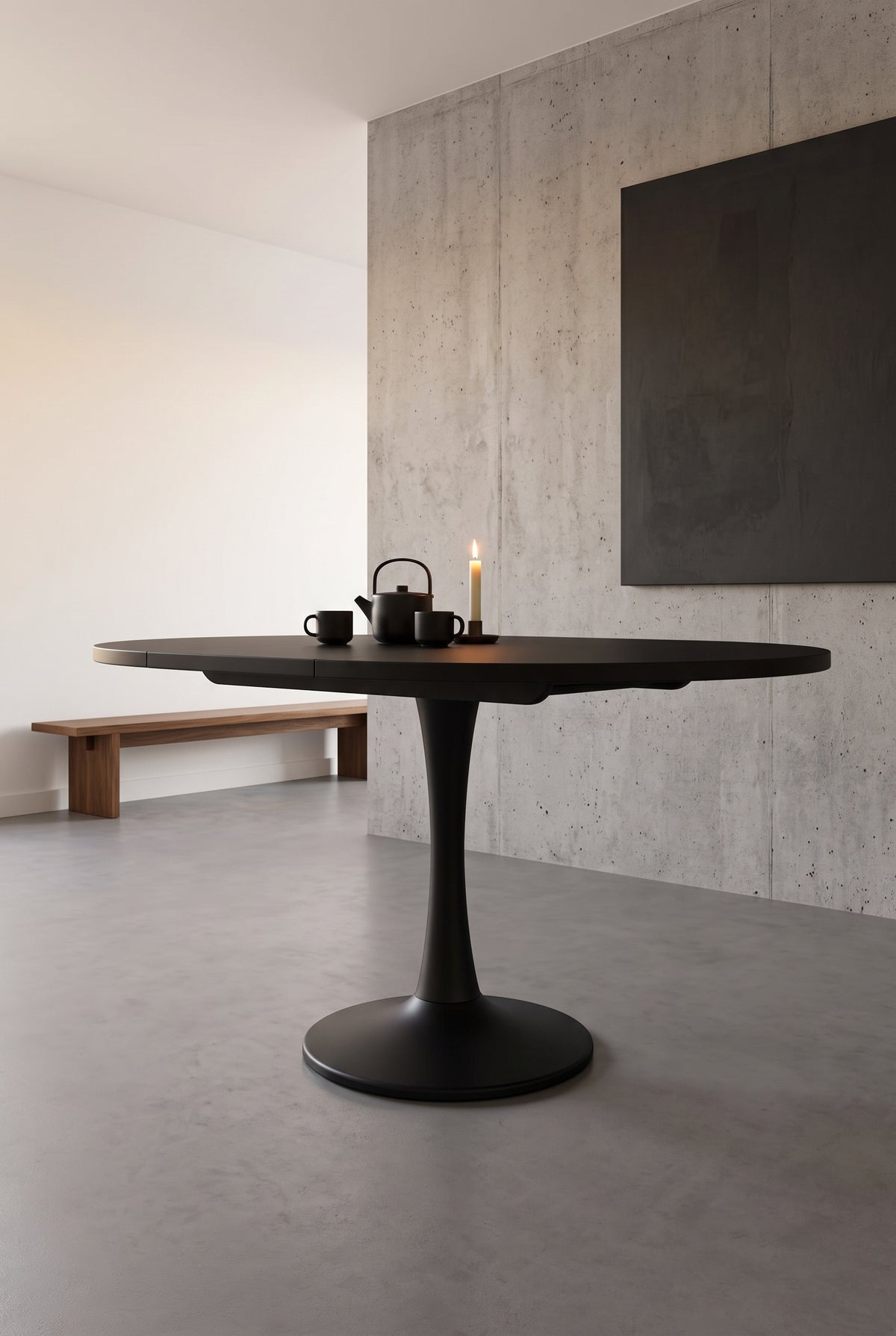 Table ovale extensible noire 100 à 140 cm, mécanisme télescopique, en situation