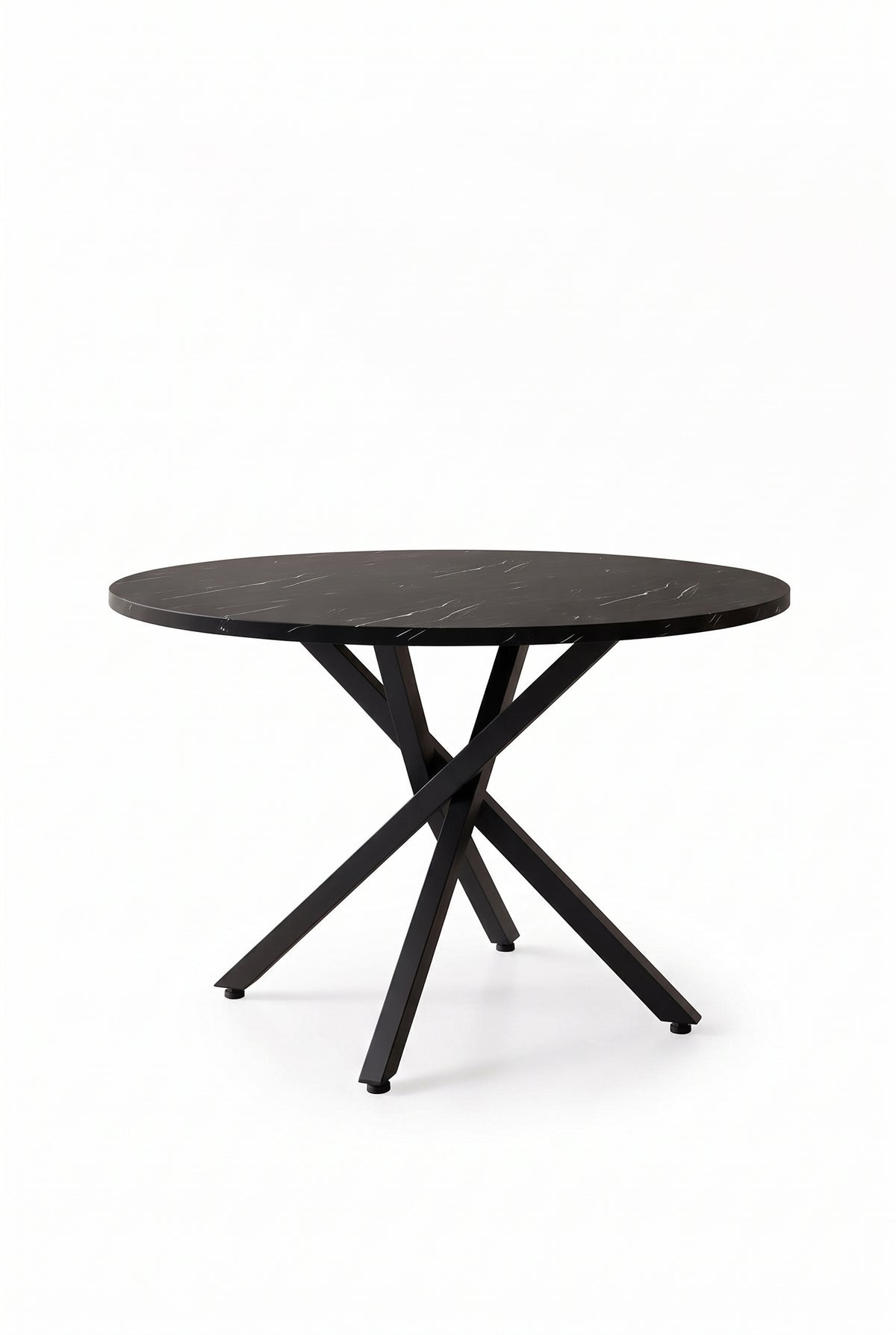 Table ronde extensible 100 à 140 cm, aspect marbre et métal noir, sur fond blanc