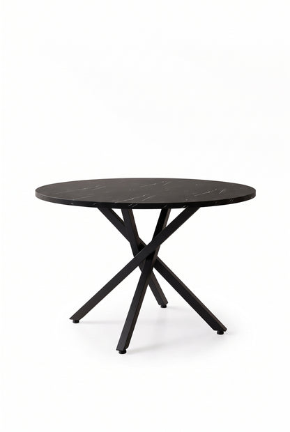 Table ronde extensible 100 à 140 cm, aspect marbre et métal noir, sur fond blanc