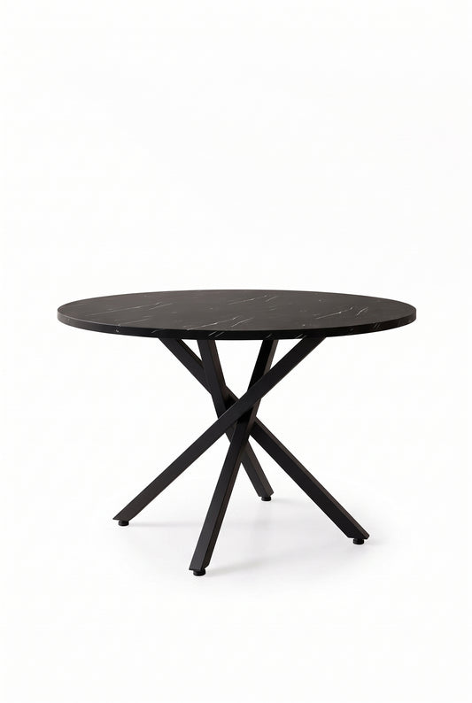 Table ronde extensible 100 à 140 cm, aspect marbre et métal noir, sur fond blanc