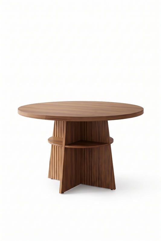 Table ronde extensible 110 à 150 cm avec rangement intégré, sur fond blanc