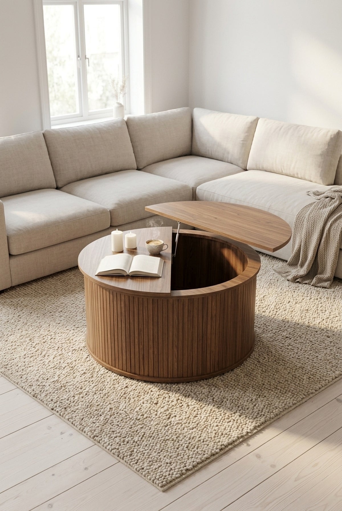 Table basse ronde à plateau relevable, finition noyer, avec rangement, en situation
