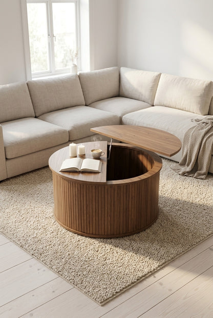 Table basse ronde à plateau relevable, finition noyer, avec rangement, en situation