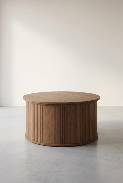 Table basse ronde à plateau relevable, finition noyer, avec rangement, vue d'ensemble