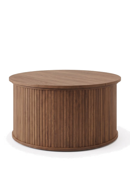 Table basse ronde à plateau relevable, finition noyer, avec rangement, sur fond blanc