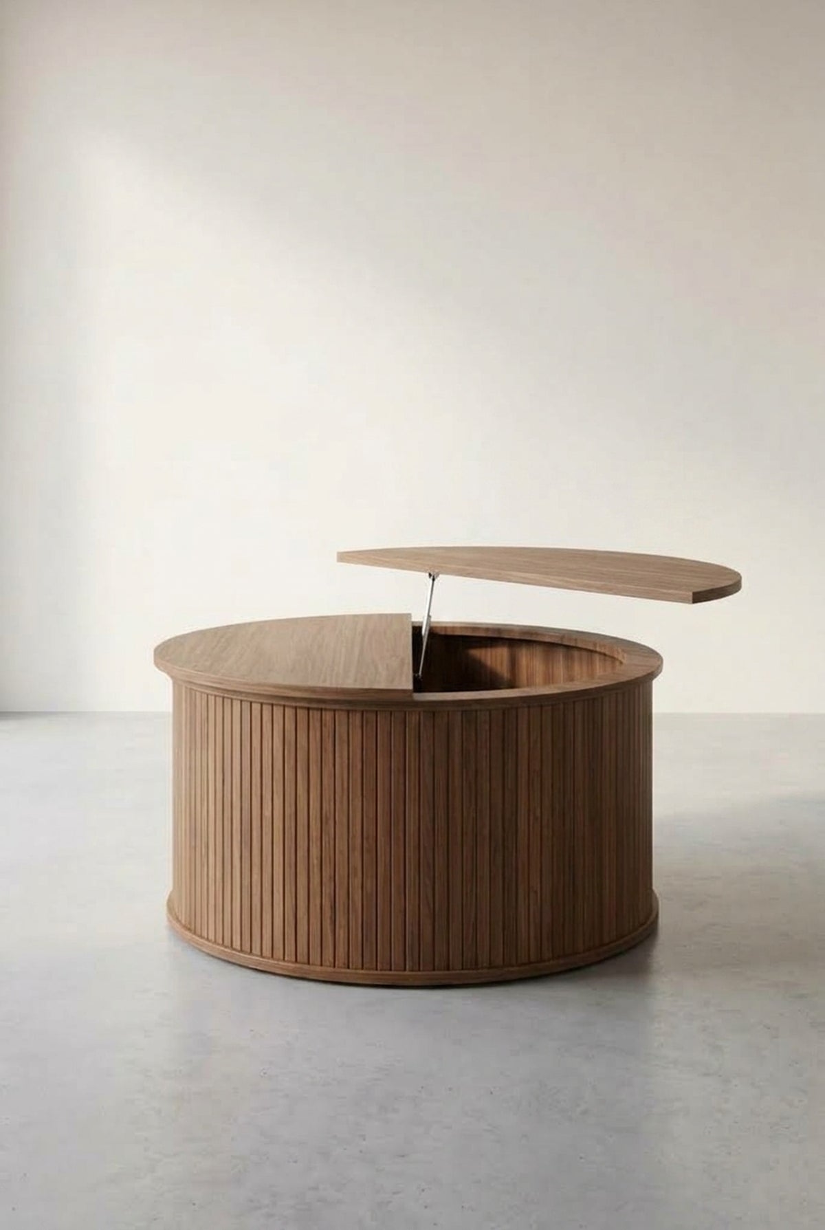 Table basse ronde à plateau relevable, finition noyer, avec rangement, dépliée