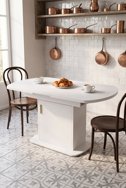 Table ovale extensible 110 à 130 cm, blanc et doré, avec rangement, en situation