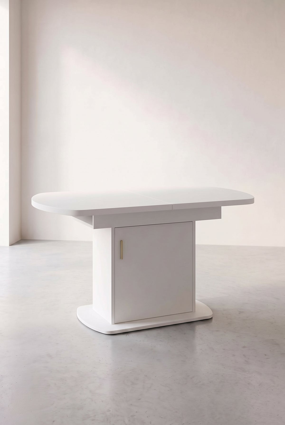 Table ovale extensible 110 à 130 cm, blanc et doré, avec rangement, fermée