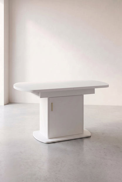 Table ovale extensible 110 à 130 cm, blanc et doré, avec rangement, fermée
