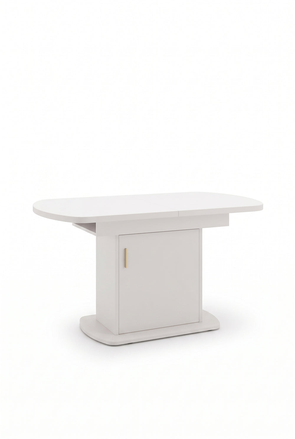 Table ovale extensible 110 à 130 cm, blanc et doré, avec rangement, sur fond blanc