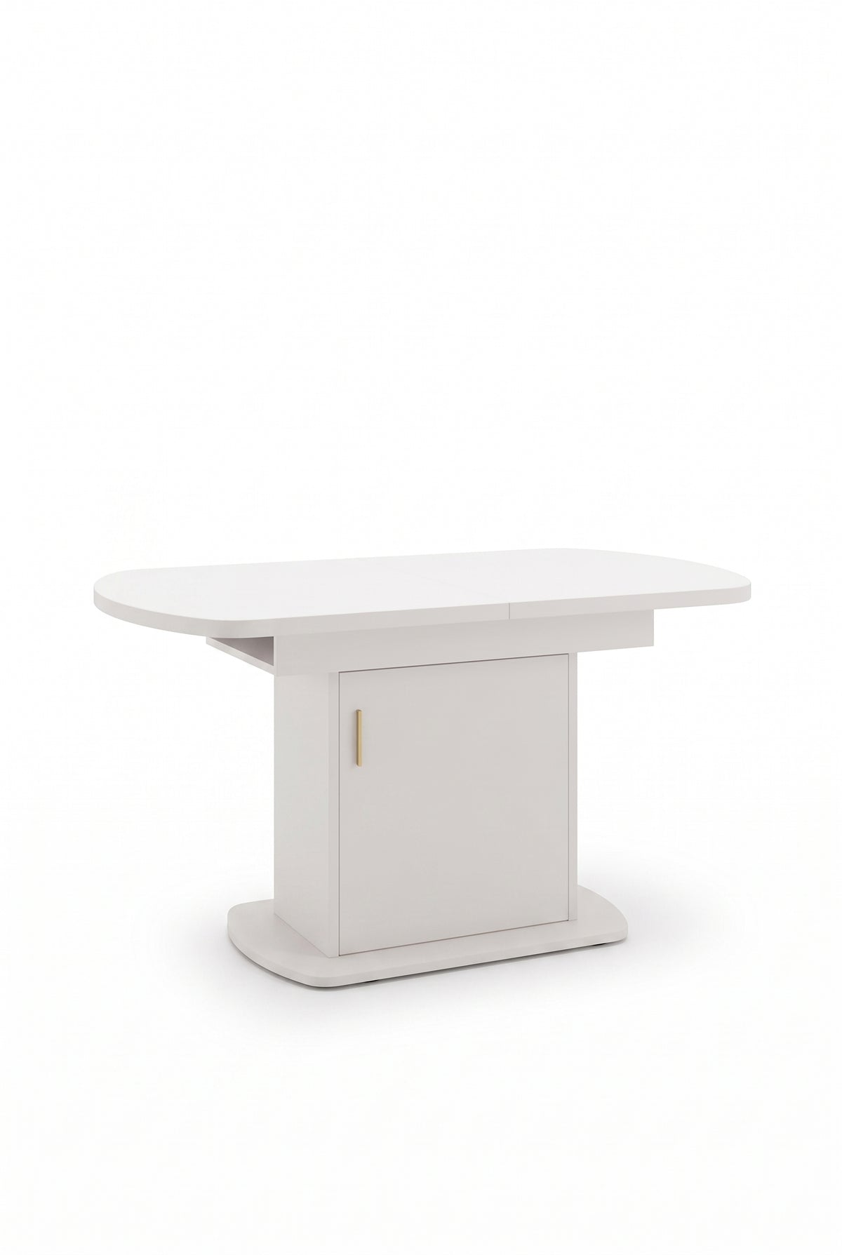 Table ovale extensible 110 à 130 cm, blanc et doré, avec rangement, sur fond blanc