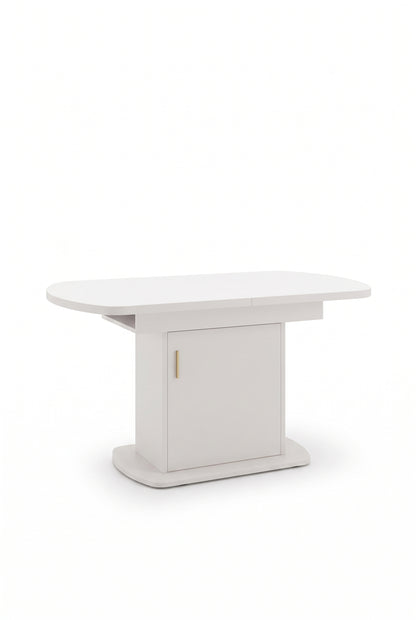 Table ovale extensible 110 à 130 cm, blanc et doré, avec rangement, sur fond blanc