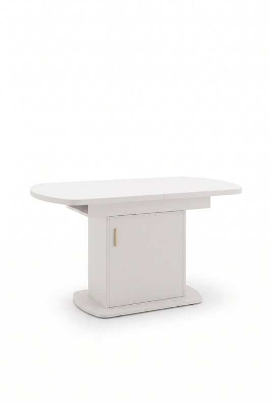 Table ovale extensible 110 à 130 cm, blanc et doré, avec rangement, sur fond blanc
