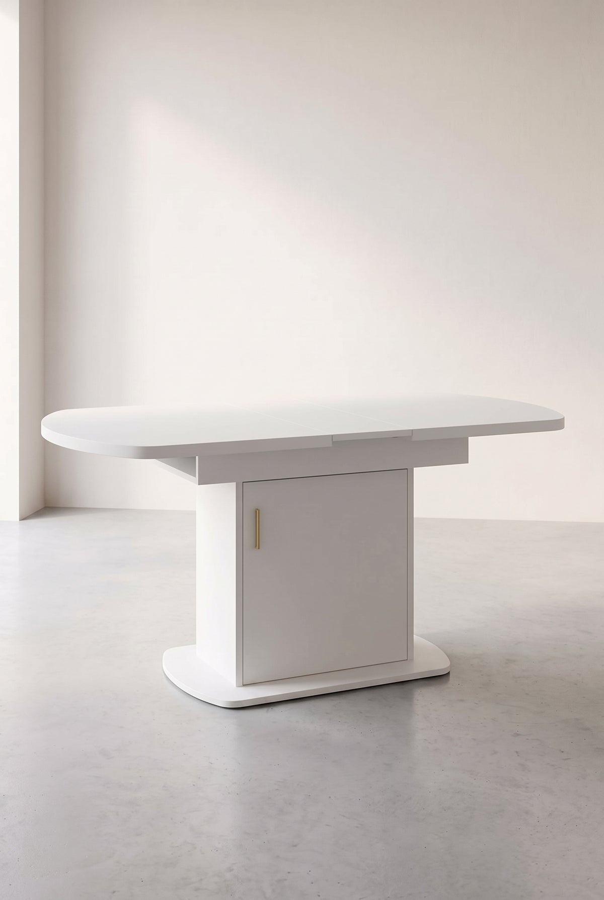 Table ovale extensible 110 à 130 cm, blanc et doré, avec rangement, dépliée