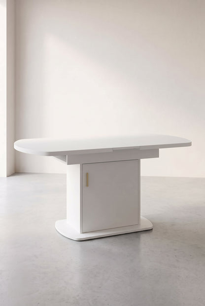 Table ovale extensible 110 à 130 cm, blanc et doré, avec rangement, dépliée
