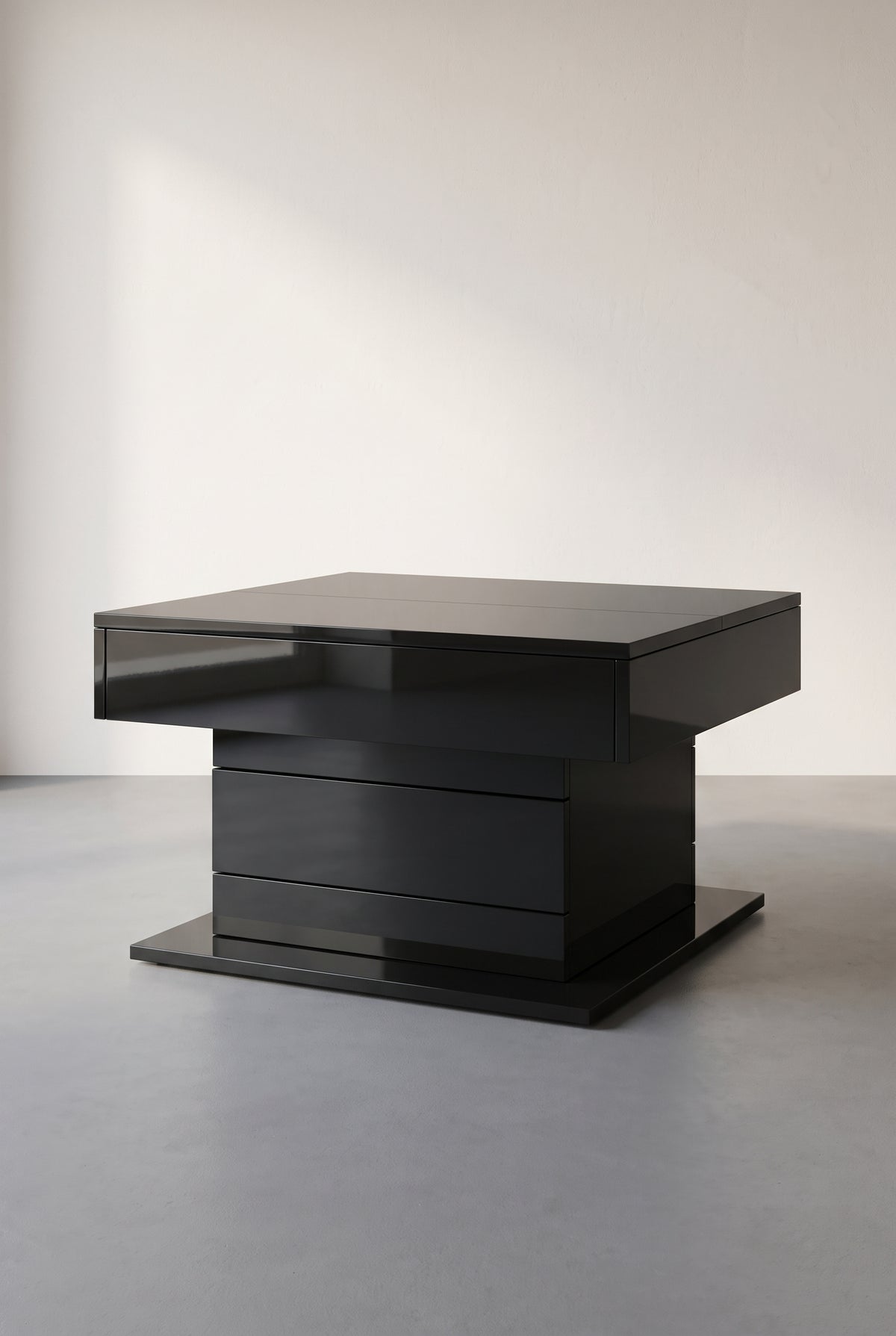 Table basse relevable et pivotante 360°, 70 x 70 cm, 1 tiroir, vue d'ensemble