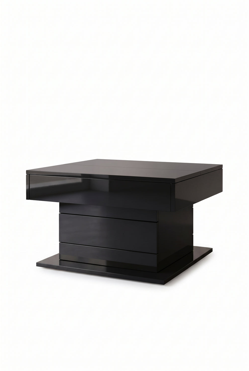 Table basse relevable et pivotante 360°, 70 x 70 cm, 1 tiroir, sur fond blanc