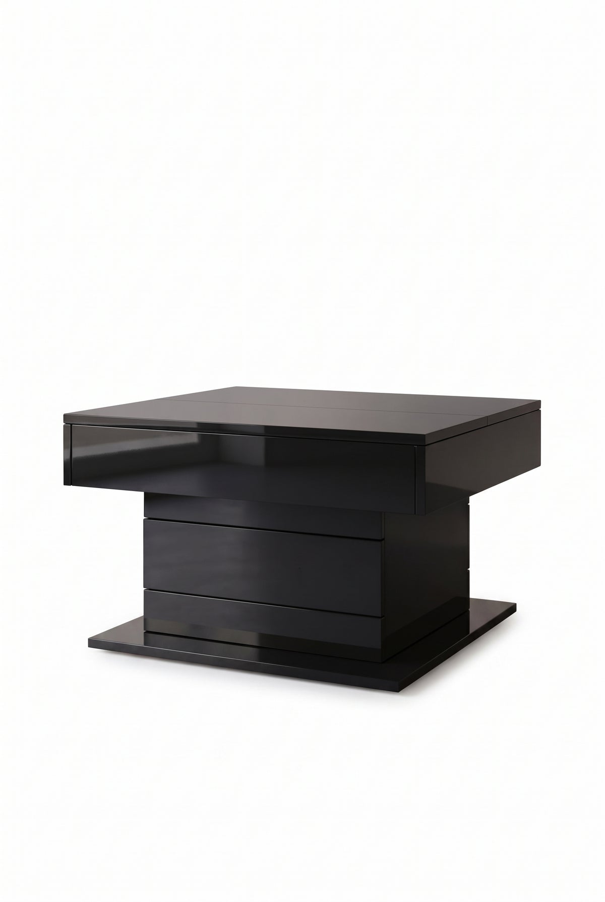 Table basse relevable et pivotante 360°, 70 x 70 cm, 1 tiroir, sur fond blanc