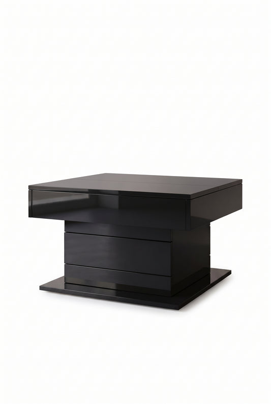Table basse relevable et pivotante 360°, 70 x 70 cm, 1 tiroir, sur fond blanc