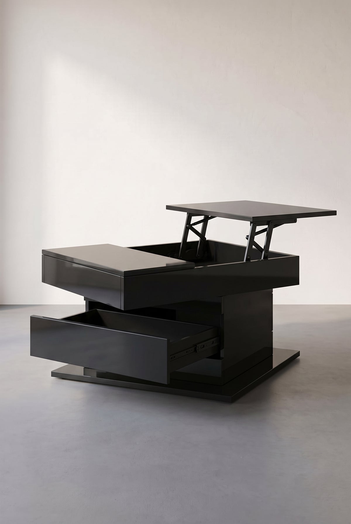 Table basse relevable et pivotante 360°, 70 x 70 cm, 1 tiroir, dépliée