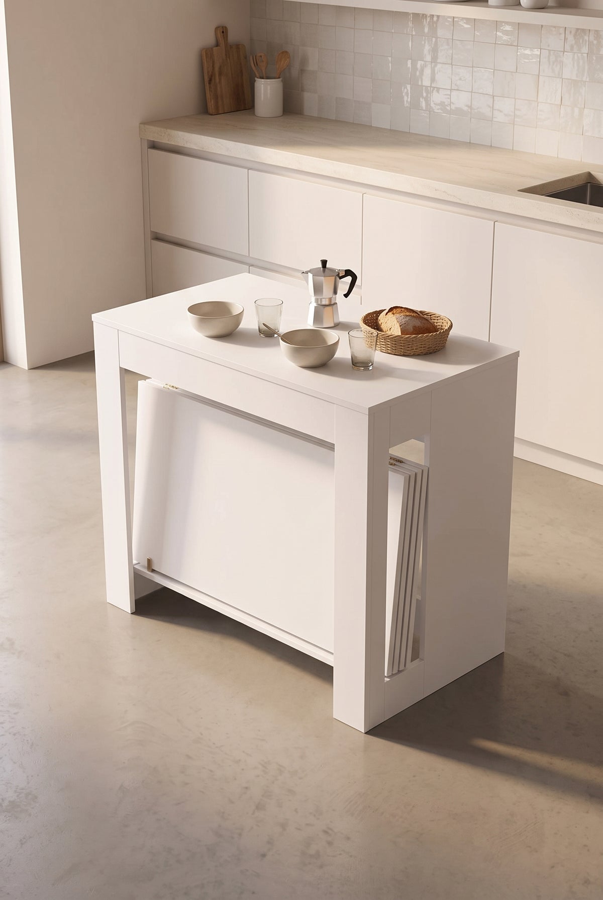 Console extensible blanche 60 à 180 cm, plateau 85 cm, en situation