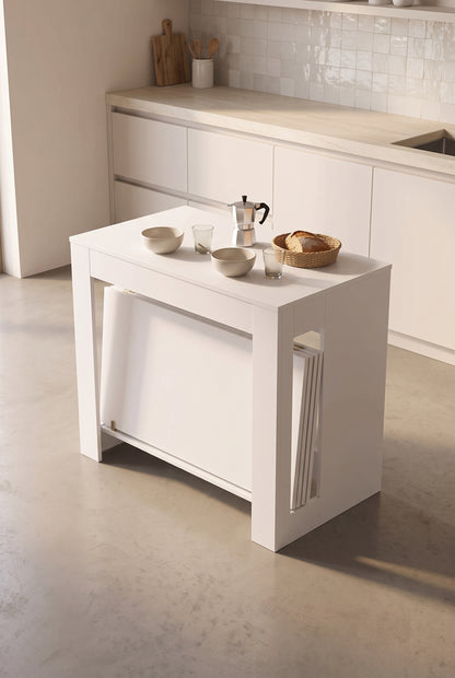 Console extensible blanche 60 à 180 cm, plateau 85 cm, en situation